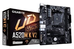 GIGABYTE Carte mère A520M K V2 - Prend en charge les processeurs AMD Ryzen série 5000 AM4, jusqu'à 5100MHz DDR4 (OC), PCIe Gen3 x4 M.2, LAN GbE, USB 3.2 Gen 1