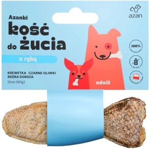 AZANKI Os avec crevette et olives noires en peau de cabillaud en forme de poisson – friandise pour chien – 12 cm