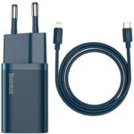 Baseus Super Si Chargeur de courant avec câble USB-C vers Lightning 20W Bleu