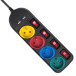 Rallonge électrique Multiprises Maclean, rallonge 4 prises + 2xUSB, avec interrupteurs, 250VAC/10A, 2,1A 5V, 1,5m, noir, MCE229 B