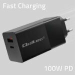 Qoltec 52382 Chargeur GaN POWER PRO | 1xUSB type C | 1xUSB A | 100W | 5-20V | 1,5-5A | PD | Noir