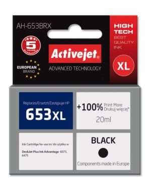 Activejet AH-653BRX Encre pour imprimantes HP; Remplacement HP 653XL 3YM75AE; Premium; 720 pages; noir