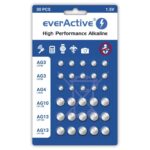 Lot de 30 pièces de mini-piles alcalines everActive 10 x G3 / LR41, 5 x G4 / LR626, 5 x G10 / LR1130, 10 x G13 / LR1154